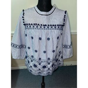 NWT Crown & Ivy Blue and White Stripe Blouse with Embroidery